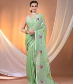 All over thread embroidery light green mulmul cotton saree Without blouse