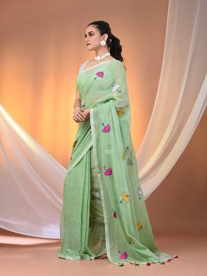 All over thread embroidery light green mulmul cotton saree Without blouse 2