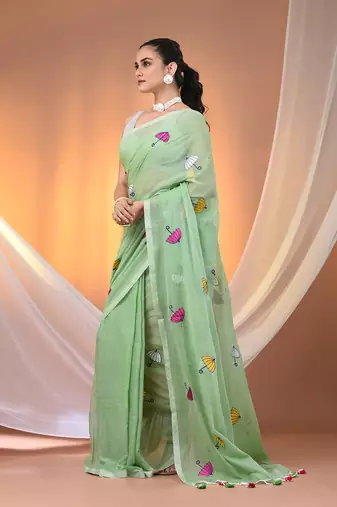 All over thread embroidery light green mulmul cotton saree Without blouse