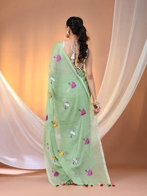 All over thread embroidery light green mulmul cotton saree Without blouse 3