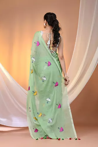 All over thread embroidery light green mulmul cotton saree Without blouse
