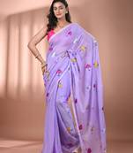 All over thread embroidery violet mulmul cotton saree Without blouse