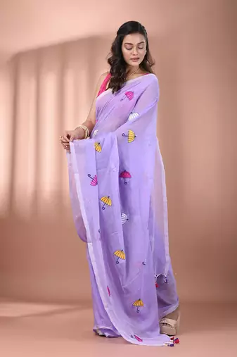 All over thread embroidery violet mulmul cotton saree Without blouse