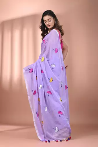 All over thread embroidery violet mulmul cotton saree Without blouse