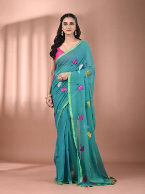 All over thread embroidery sea green mulmul cotton saree Without blouse 1
