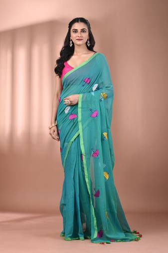 All over thread embroidery sea green mulmul cotton saree Without blouse
