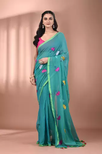 All over thread embroidery sea green mulmul cotton saree Without blouse