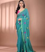 All over thread embroidery sea green mulmul cotton saree Without blouse