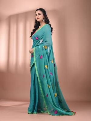 All over thread embroidery sea green mulmul cotton saree Without blouse 2