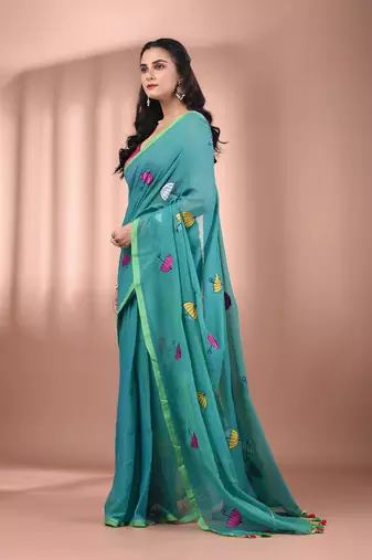 All over thread embroidery sea green mulmul cotton saree Without blouse