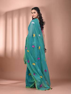 All over thread embroidery sea green mulmul cotton saree Without blouse 3
