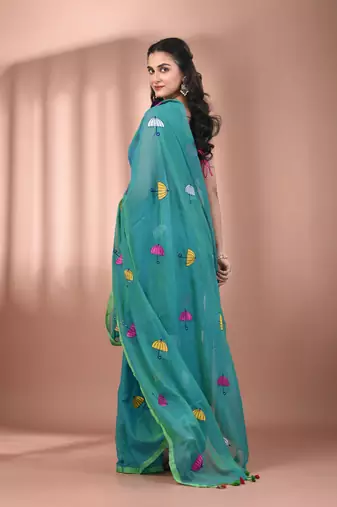 All over thread embroidery sea green mulmul cotton saree Without blouse