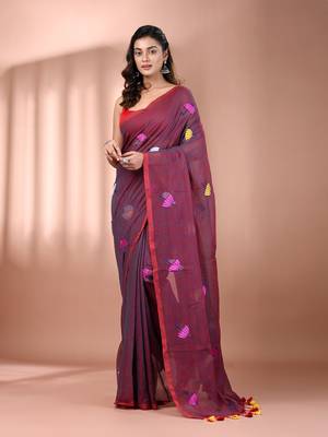All over thread embroidery mulberry mulmul cotton saree Without blouse 1
