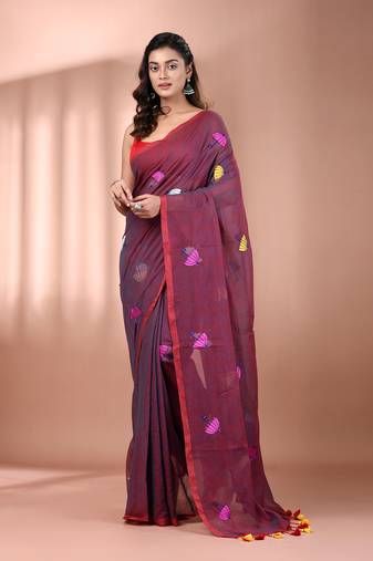 All over thread embroidery mulberry mulmul cotton saree Without blouse