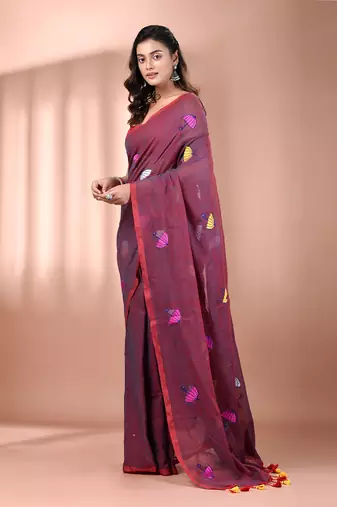 All over thread embroidery mulberry mulmul cotton saree Without blouse