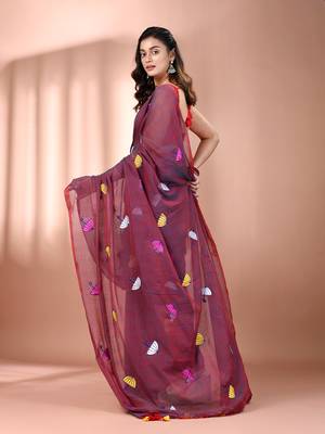All over thread embroidery mulberry mulmul cotton saree Without blouse 3