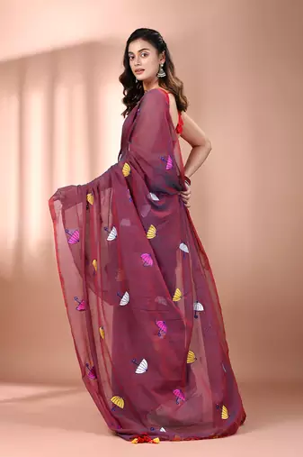 All over thread embroidery mulberry mulmul cotton saree Without blouse