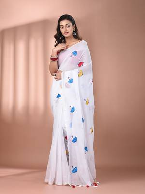 All over thread embroidery white mulmul cotton saree Without blouse 1