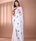 All over thread embroidery white mulmul cotton saree Without blouse