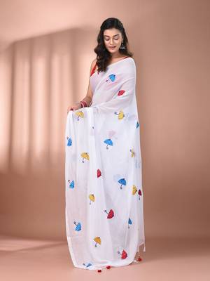 All over thread embroidery white mulmul cotton saree Without blouse 2