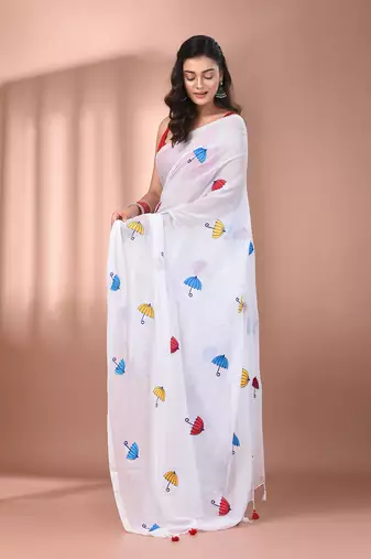 All over thread embroidery white mulmul cotton saree Without blouse