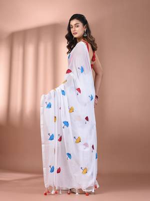 All over thread embroidery white mulmul cotton saree Without blouse 3