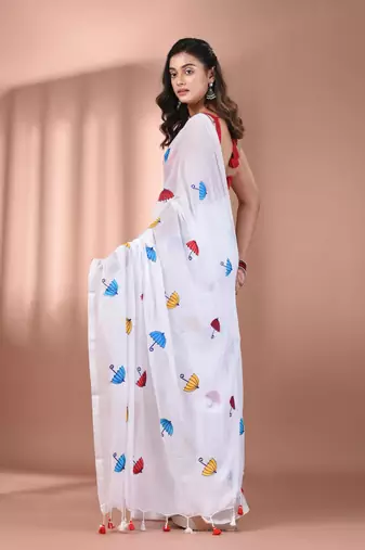 All over thread embroidery white mulmul cotton saree Without blouse