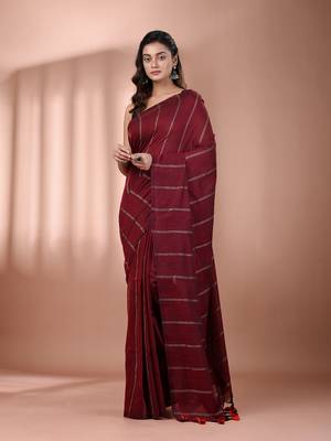 Dark red cotton handspun soft saree with stripe pattern 1