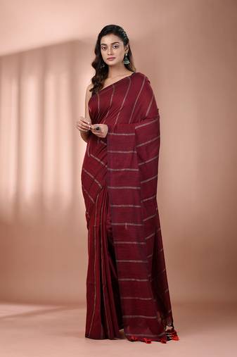 Dark red cotton handspun soft saree with stripe pattern