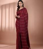 Dark red cotton handspun soft saree with stripe pattern
