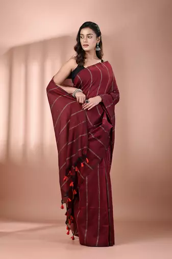Dark red cotton handspun soft saree with stripe pattern