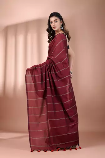 Dark red cotton handspun soft saree with stripe pattern