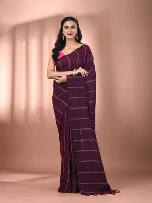 Burgundy cotton handspun soft saree with stripe pattern 1