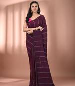 Burgundy cotton handspun soft saree with stripe pattern
