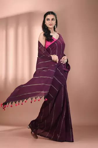 Burgundy cotton handspun soft saree with stripe pattern