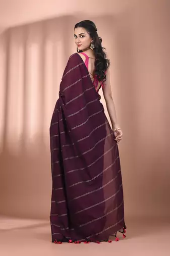 Burgundy cotton handspun soft saree with stripe pattern