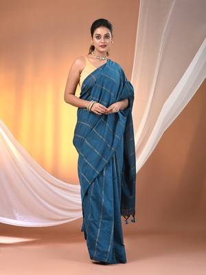Sapphire blue cotton handspun soft saree with stripe pattern 1