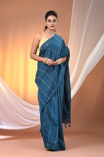 Sapphire blue cotton handspun soft saree with stripe pattern