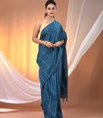 Sapphire blue cotton handspun soft saree with stripe pattern