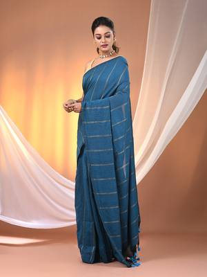 Sapphire blue cotton handspun soft saree with stripe pattern 2