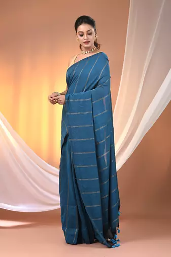 Sapphire blue cotton handspun soft saree with stripe pattern