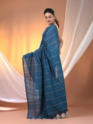 Sapphire blue cotton handspun soft saree with stripe pattern 3