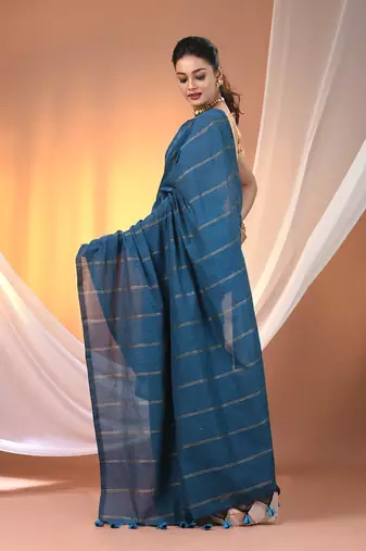 Sapphire blue cotton handspun soft saree with stripe pattern