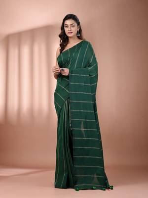 Green cotton handspun soft saree with stripe pattern 1