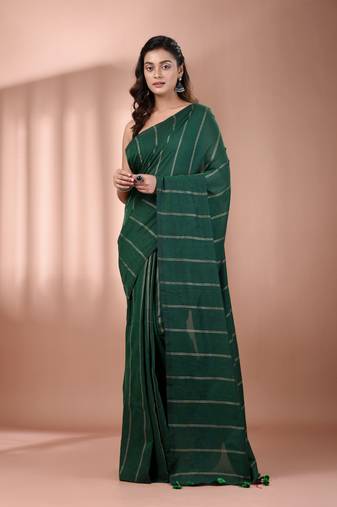 Green cotton handspun soft saree with stripe pattern
