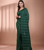 Green cotton handspun soft saree with stripe pattern