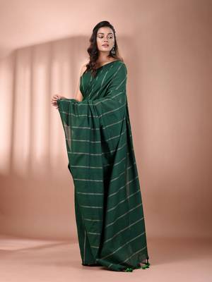 Green cotton handspun soft saree with stripe pattern 2