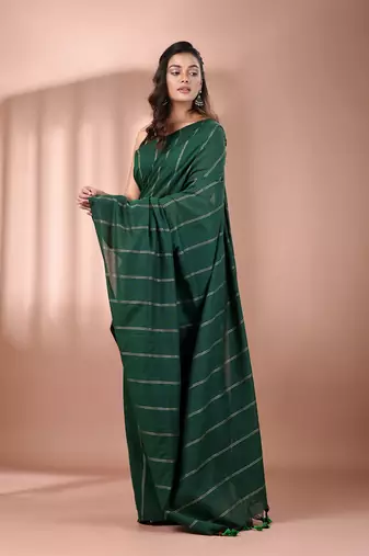 Green cotton handspun soft saree with stripe pattern