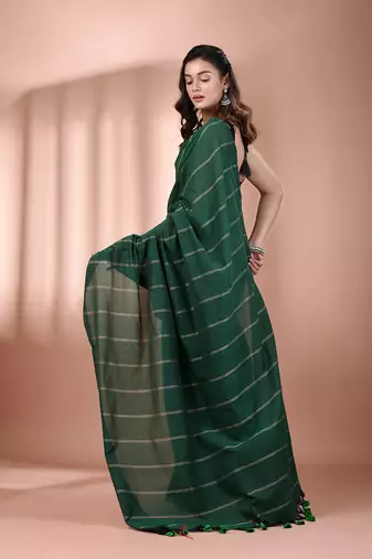 Green cotton handspun soft saree with stripe pattern
