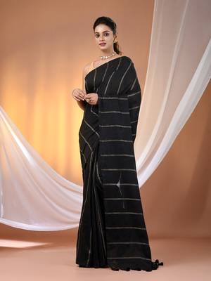 Black cotton handspun soft saree with stripe pattern 1